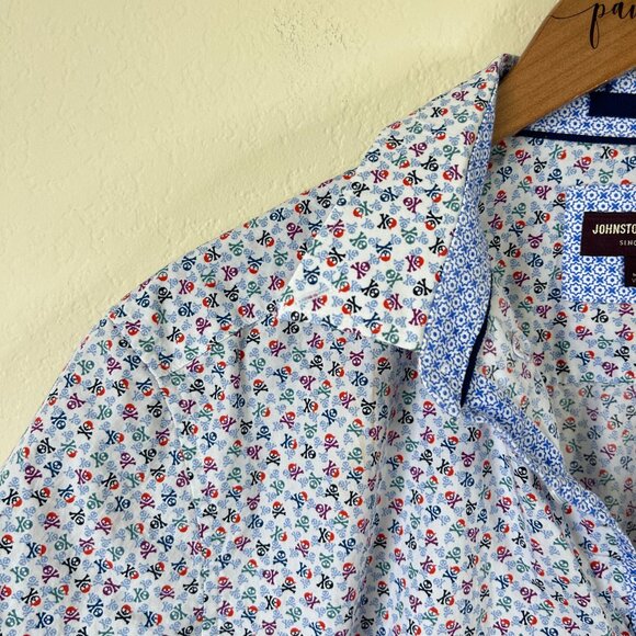 Johnston Murphy Shirt Mens Large Skull Crossbones Print Colorful Short Sleeve L - Picture 4 of 8
